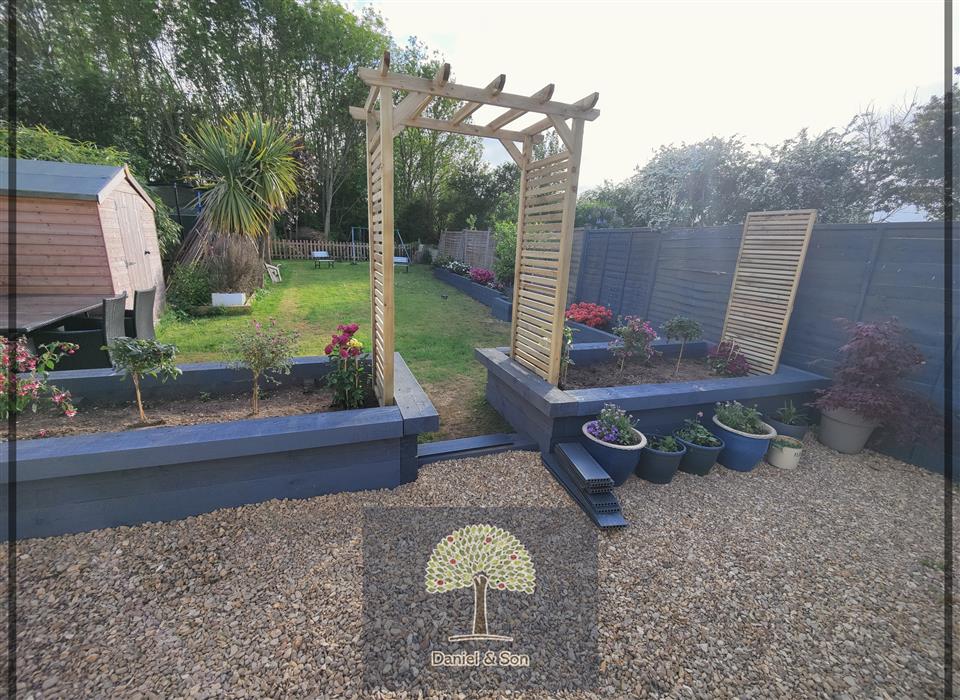 A showcase of multifunctional elegance with composite decking, LED lighting, and raised beds